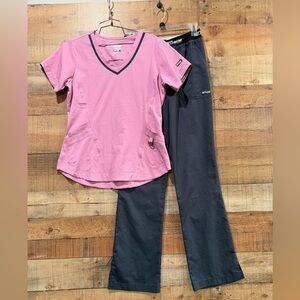 Scrub Set Greys Anatomy Pink Scrub Top with Charcoal Gray Pants Size Small
